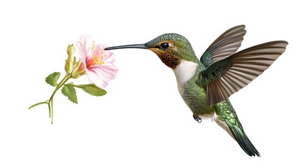 Obraz premium Sword-billed Hummingbird Flying and Sucking Nectar from Flower, on White Background, Photo Realistic, Wallpaper, Cover and Screen for Smartphone, PC, Laptop, 9:16 and 16:9 Format
