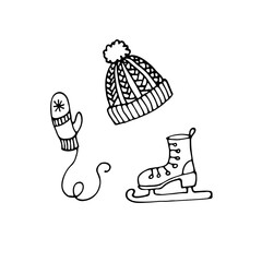 vector set, black and white illustration of hat, mittens and skates