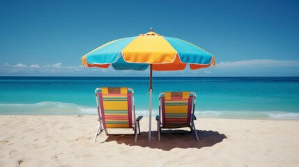 Beach chairs and umbrella on the tropical beach with blue sky background