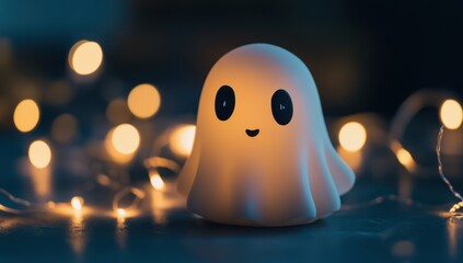 A cute ghost figurine, floating in the air with blurred lights behind it he figure is white and has two black eyes on its head. It stands upright against a dark background Generative AI