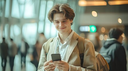 Young man smiling while using smartphone in a modern urban environment.