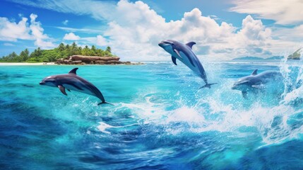 Three Dolphins Leaping in the Turquoise Waters of a Tropical Island