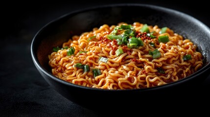 Spicy Instant Noodles in a Black Bowl