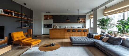 Modern living room with a yellow sectional sofa, wooden wall, and open kitchen.