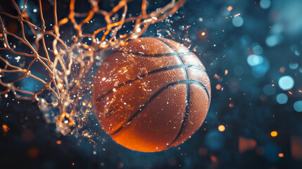 A basketball dramatically shredding a net as it goes through with a score. Abstract Power basket