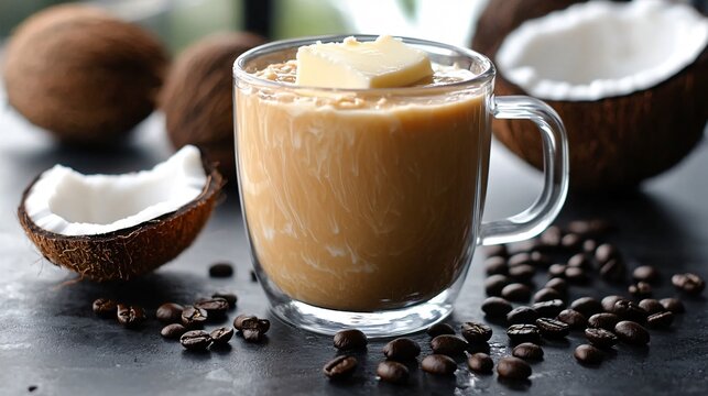 A creamy keto bulletproof coffee in a glass mug, surrounded by butter, coconut oil, and coffee beans on a modern black table