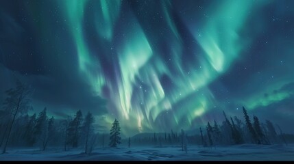 Stunning aurora borealis illuminating the serene lapland landscape at night with vibrant colors