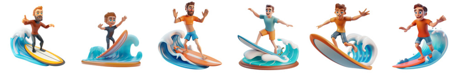 White man mascot surfing, 3D cartoon illustration, isolated on transparent background, cute animated style, beautiful colors generative ai.