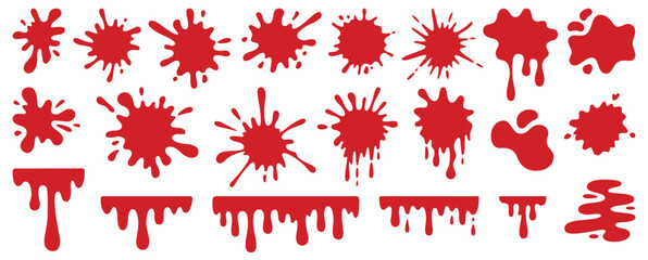 Halloween blood splashes and spots. Bleeding splatter and bloodstain silhouettes. Red paint dripping. Horror decorative elements. Vector illustration in flat style on white background.