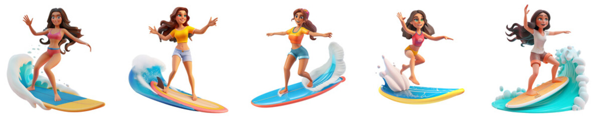White woman mascot surfing, 3D cartoon illustration, isolated on transparent background, cute animated style, beautiful colors generative ai.