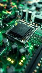 Close up of an advanced gpu chip on a green motherboard highlighting gaming and computing tech