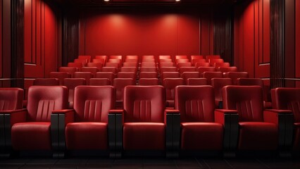 Fototapeta premium A row of red cinema seats in a dimly lit theater, designed for viewing films.