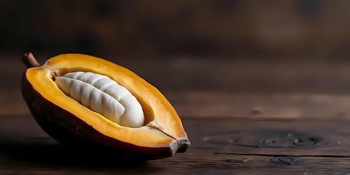 Golden canistel fruit halved revealing creamy interior on rustic wooden surface with copy space