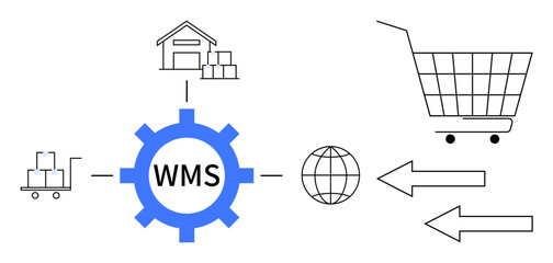 Warehouse with stacked boxes, truck carrying boxes, central WMS gear, globe, shopping cart, arrows indicating flow. Ideal for logistics, supply chain, inventory management, e-commerce, and business