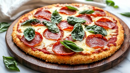 A keto pizza with a cauliflower crust topped with mozzarella, pepperoni, and spinach, placed on a round wooden board with fresh basil leaves