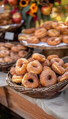 Close-Up of Fresh Apple Cider Doughnuts at Harvest Festival - Autumn Baking, Rustic Decor