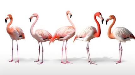 Fototapeta premium Five Flamingos Standing on a White Background