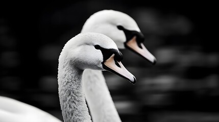 Fototapeta premium Black and White Close-Up Portrait of Two Elegant Swans with Soft Focus