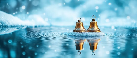 Two golden bells are floating on the surface of a body of water