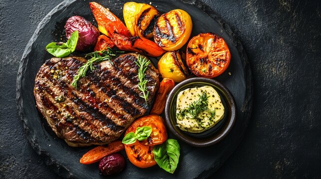 A vibrant keto dinner featuring grilled steak, roasted vegetables, and a side of herb butter, plated on a dark stone dish - Powered by Adobe