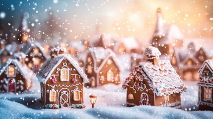 A whimsical miniature town crafted entirely of gingerbread houses, featuring sugar-dusted rooftops, icing-covered streets, and colorful candy streetlights.