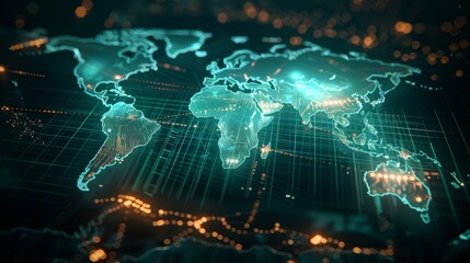 Futuristic glowing world map on dark background symbolizing globalization and connectivity
