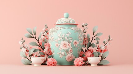 A beautiful turquoise vase adorned with floral patterns, surrounded by delicate pink blossoms and small bowls, set against a soft pink background.