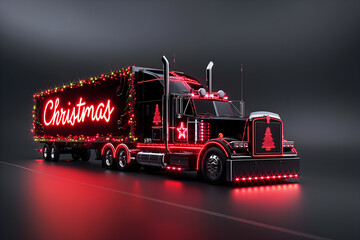  A red truck that is decorated for the Christmas holidays drives at night