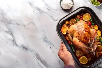 Whole oven-cooked grilled turkey in a casserole on a marble counter top. top view  - food concept - holidays