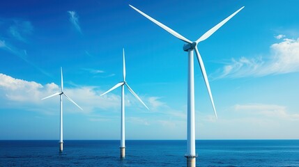 A serene view of offshore wind turbines under a bright blue sky, symbolizing renewable energy and sustainable technology.