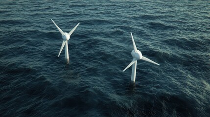Fototapeta premium Two sleek wind turbines stand tall in the shimmering ocean, capturing renewable energy amidst gentle waves and a clear sky.