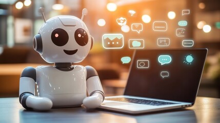 Small AI assistant chatbot stands next to a laptop and waits for prompts to help with work