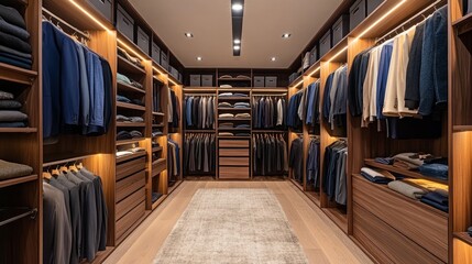 Fototapeta premium A spacious and organized walk-in closet featuring a variety of clothing and storage options, located at jan weilandlaan in the netherlands the interior includes well-lit shelves, hanging areas, and a