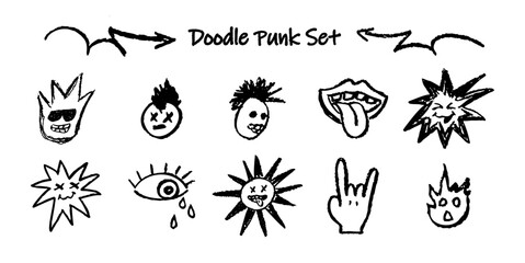 Set of doodle punk head, goat gesture, cloud. Collection of vector black charcoal outline face handdrawn humor emotions. Retro rock style grafitti wax pencil drawn stick out tongue, cry eye with tears