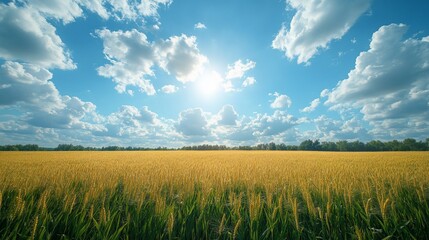 Fototapeta premium A vast golden wheat field stretches out under a bright blue sky dotted with fluffy white clouds. The sun shines brightly, casting a warm glow over the landscape.