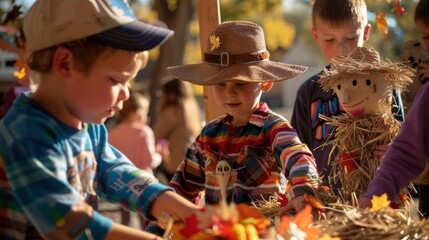 Children Crafting Colorful Scarecrows at Harvest Festival Craft Station for Autumn Celebration