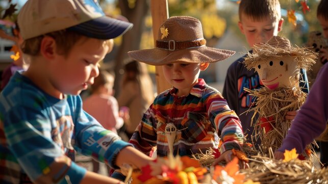 Children Crafting Colorful Scarecrows at Harvest Festival Craft Station for Autumn Celebration
