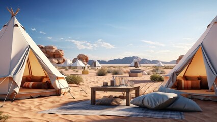 A serene desert campsite with tents, a table, and cushions, inviting relaxation and leisure.