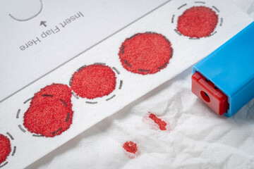dry blood spots on a fiber filter for laboratory analysis, home health testing concept