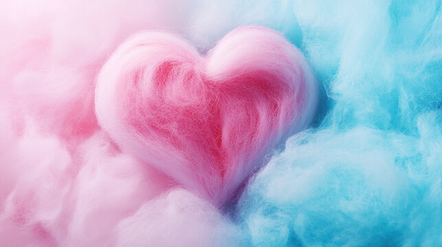 Zbliżenie na serce z waty cukrowej, kt&oacute;re w pastelowych barwach staje się symbolem miłości i przyjaźni.
