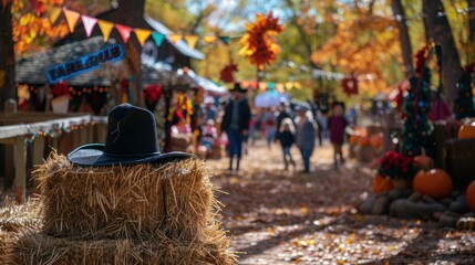 Festive Thanksgiving Scene at Country Fair with Hay Bales, Pilgrim Hat, and Fall Decorations