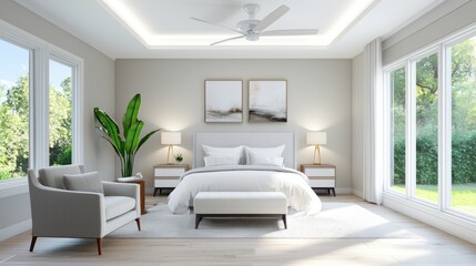 Contemporary master bedroom with sleek lines, minimalistic furniture, and neutral tones, creating a stylish, modern vibe