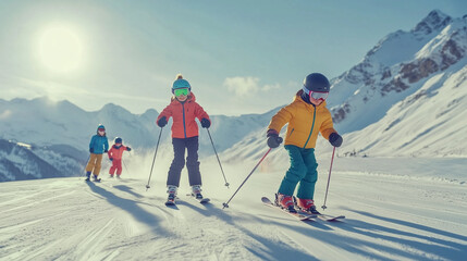 W otoczeniu ośnieżonych szczyt&oacute;w, rodzina spędza aktywne wakacje narciarskie.