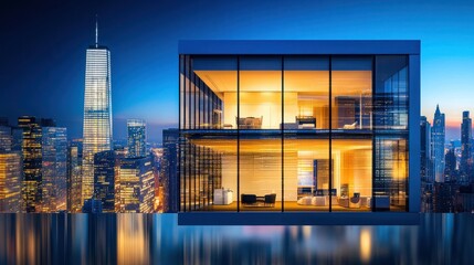 Contemporary office building at night, with a focus on illuminated windows and the city skyline.