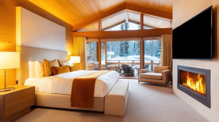Cozy master bedroom with a fireplace, large bed, and stylish furniture, offering comfort and luxury in a warm atmosphere