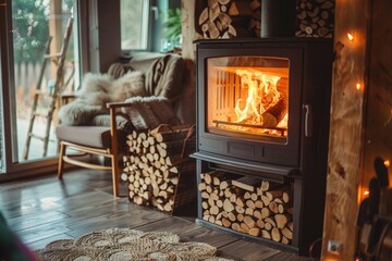 A cozy wood burning stove in a modern living room setting, perfect for warm ambiance and gatherings