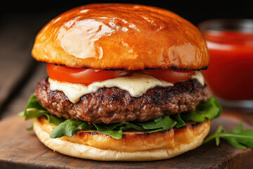 Delicious gourmet cheeseburger with arugula, tomato, and melted cheese on a brioche bun