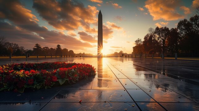 National Monument at Sunrise with Commemorative Wreath for National Day of Mourning - Ideal for Posters