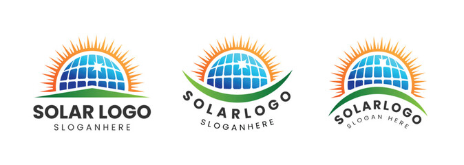 Solar Energy Logo Set with Sun and Solar Panels for Sustainable Living. Solar logo design vector. Green energy concept