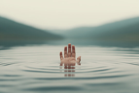 Hand emerging from water with ripples in a calm lake, minimalist and surreal concept